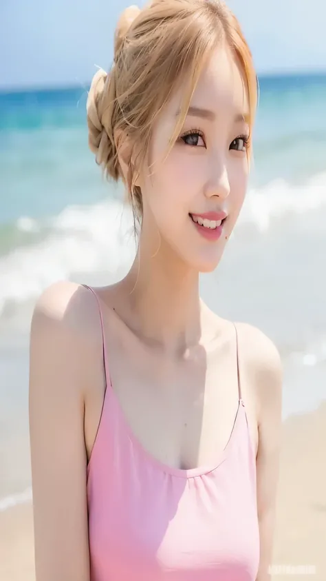 A woman wearing a pink top stands on the beach next to the sea, beautiful korean woman, gorgeous young korean woman, beautiful young korean woman, cute korean actress, japanese model, korean girl, cute - well-groomed - face, That&#39;s a cute Korean face, ...