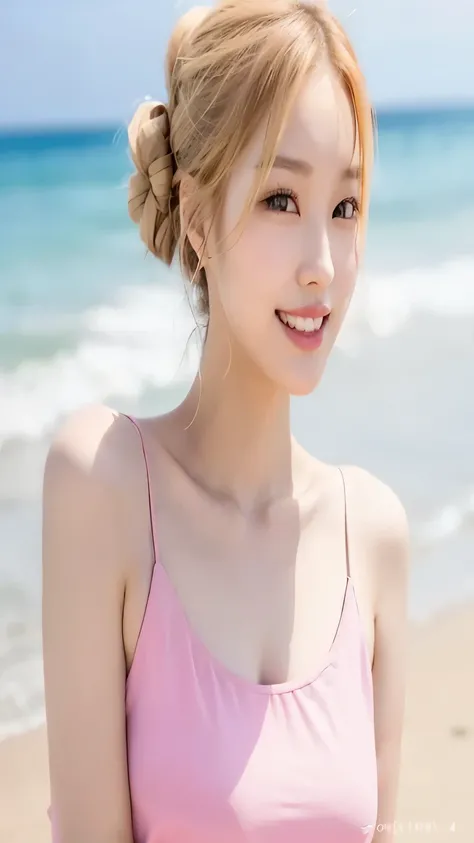 A woman wearing a pink top stands on the beach next to the sea, beautiful korean woman, gorgeous young korean woman, beautiful young korean woman, cute korean actress, japanese model, korean girl, cute - well-groomed - face, That&#39;s a cute Korean face, ...