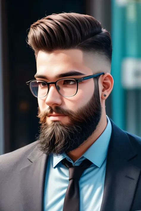 25 year old boy,( thick beard mastech ),sharp cut hair style, glasses, wearing black suit and pastel blue shirt fair skin,thick round , selfie profile photo, ultra high quality resolutions,8k details, potrait,
