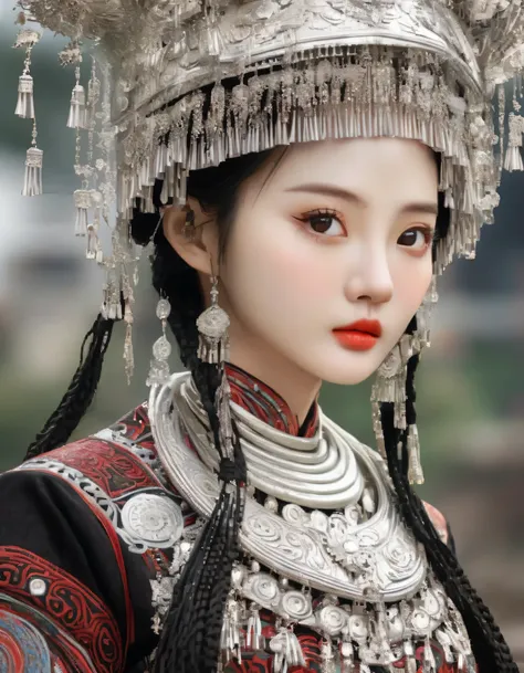 (best quality,8K,masterpiece:1.2),Astonishing,Gorgeous Chinese girl,Queen,Detailed skin details,Bright Eyes,Gorgeous eyelashes,standing alone,looking at the audience,minority:1.5,Silver jewelry:1.2,silver hat crown:1.5,silver tassel:1.37,silver necklace,Si...