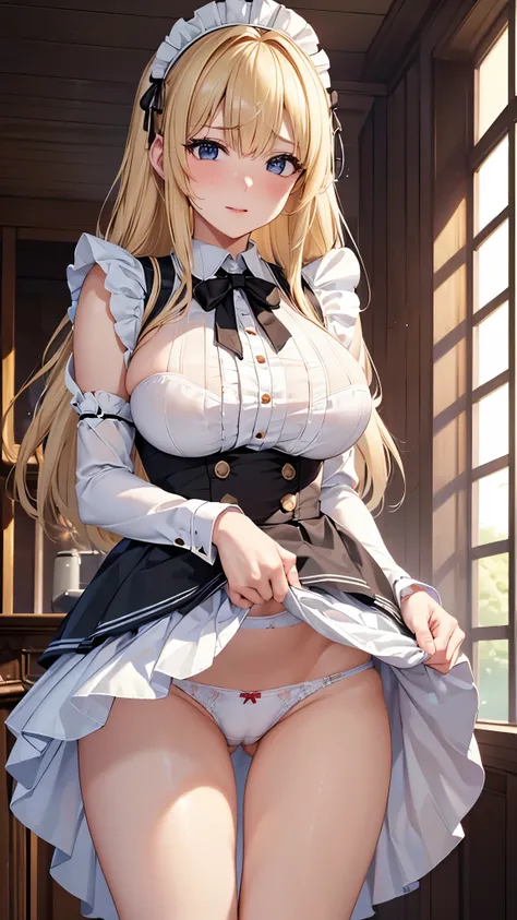 ((highest quality, Highly detailed CG Unity 8K wallpaper))、big beautiful breasts、sexually seducing me、((She lifts up her skirt to reveal white panties、blonde、maid、embarrassed look))