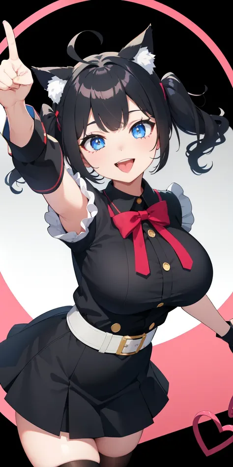 looking at the viewer, 1 girl, open your mouth, smile, Virtual YouTuber、with a girl、((highest quality, expensive_solve, clear_image)),(black hair), (black cat ears), (Ahoge), (ridiculously short hair), (wavy hair), (blue eyes),、laughter、very big breasts,va...