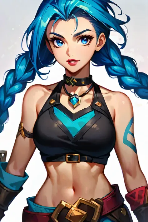 jinx
1girl
bare shoulders
belt
belt buckle
blue eyes
blue hair
braid
breasts
buckle
choker
collarbone
crop top
eyelashes
forehea...