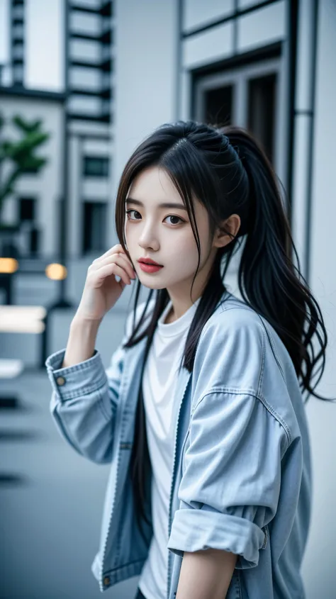 a woman in a white shirt and blue jacket posing for a picture, korean womens fashion model, casual clothing style, wearing elegant casual clothes, modern casual clothing, casual modern clothing, casual clothing, bae suzy, casual clothes, wearing casual clo...