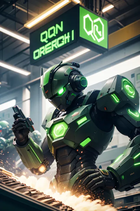 futuristic Green robot, (Q logo on armor), working inside a factory with boxes on conveyer belt, industrial look, busy place crowded with people and robots, welding-sparks flying through the air, exciting lighting and fresh atmosphere