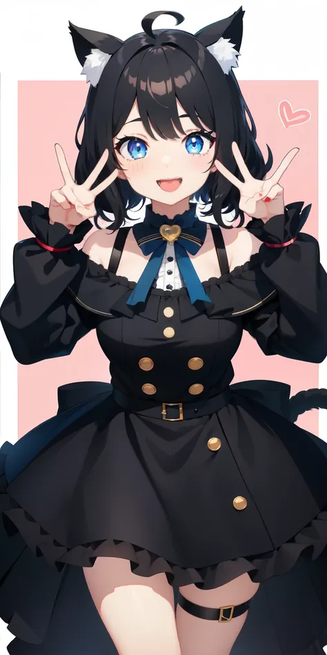 looking at the viewer, 1 girl, open your mouth, smile, Virtual YouTuber、with a girl、((highest quality, expensive_solve, clear_image)),(black hair), (black cat ears), (Ahoge), (ridiculously short hair), (wavy hair), (blue eyes),、laughter、very big breasts,va...