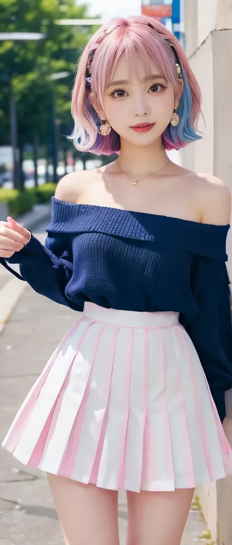 romantic idol、whole body、good style、、、、、Colorful striped pleated mini skirt costume（off shoulder）、colorful blue and pink hair