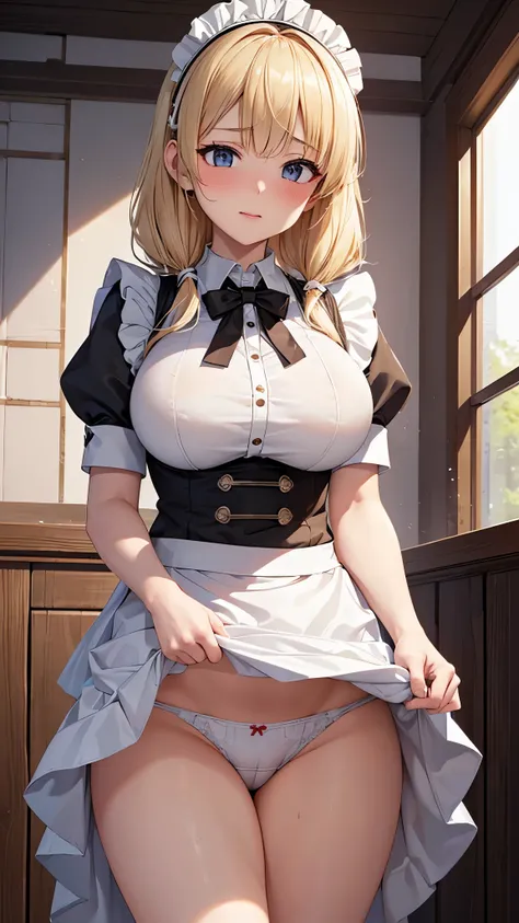 ((highest quality, Highly detailed CG Unity 8K wallpaper))、big beautiful breasts、((She lifts up her skirt to reveal white panties、blonde、maid、embarrassed look))