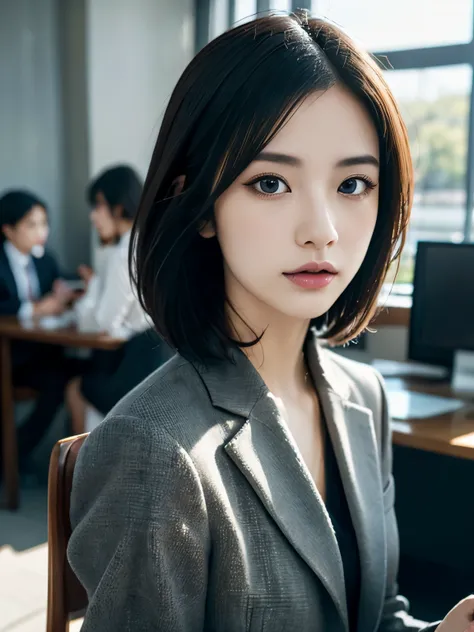 high resolution, realistic portrait of professional japan office lady with perfect skin，short hair、professional suit，ladies suit...