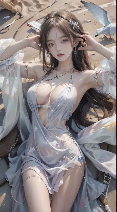 liuli2, (masterpiece, best quality:1.2), 1girl, solo, ((bare shoulders)), (actual:1.37), ((lying on a beach)), ((Bird&#39;s eye view shot)), Sweet maiden, beautiful妆容, Exquisite makeup, Extremely beautiful eyes, long hair, curls, slim body, ((big breasts, ...