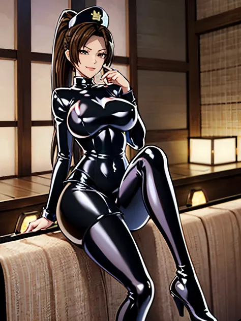 女性1 person、super detailed photos, Full body photo image、(latex police hat)、(((black shiny latex catsuit)))、(from below:1.3)、 brown hair, brown eyes, long and high ponytail, hair band,  1 person、25 years old, japanese mature, beautiful fingers, beautiful lo...