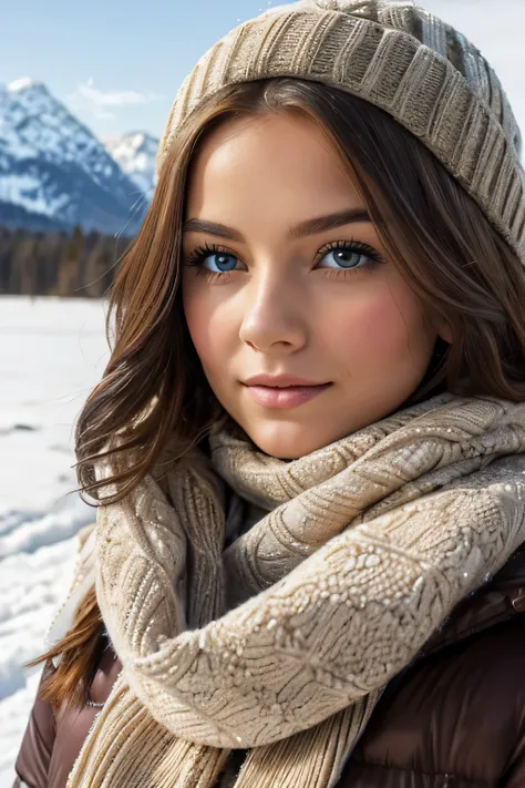 Une femme aux cheveux châtain clair se tient devant un paysage de montagne enneigé en hiver. The woman has beautiful detailed eyes, lips, et le visage. Elle est vêtue de vêtements chauds d&#39;hiver, avec une écharpe douillette enroulée autour de son cou. ...