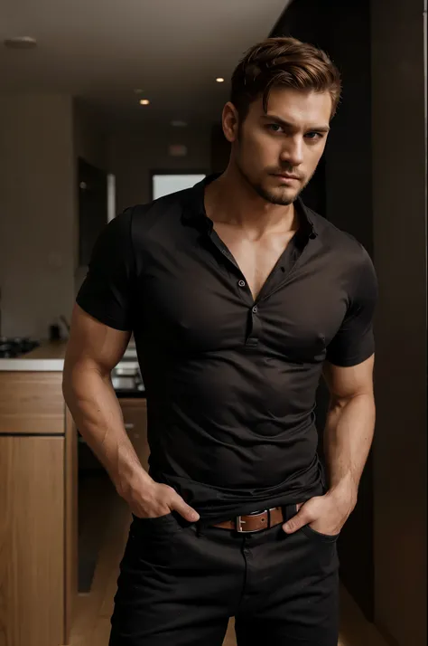 Male Character, Short Beard, almost shaved hair, brown hair, Sharp Jawline, Intense Eyes, Muscular Body, Standing, Photographic Image, Candid, Black Colour Color Shirt, Unbuttoned Shirt.