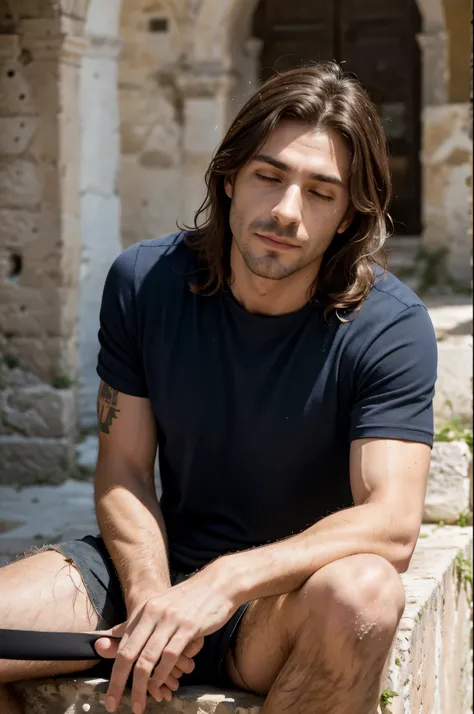 Very awful, (full detailed body) an Italian actor man sitting on a tuff wall in Matera, (YES SFW), paparazzi photo of 65yo mature Italian actor man, long_hair, redhead, scars, (full body shot:1.2), long messy hair, scars and wounds on legs,long visible sca...