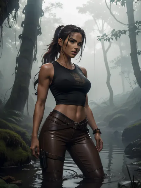 full body lara croft, long brown ponytail, brown eyes, high arched eyebrows, red lips, large breast leather pants, filter sleeveless torn t-shirt deep leather boots in jungle, (Realistic,photoRealistic, photo-Realistic:1.37),Horror, dark and gloomy atmosph...