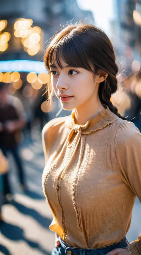 highest quality, realistic, 1 girl, woman,(skin dents), Medium chest, (bright), (professional lighting, Bokeh), (street), people々, crowd, braided bangs, (blouse:1.5), (I wore:0.8), nice, bloom, floating hair, (dynamic pose:0.6) , soft lighting, 