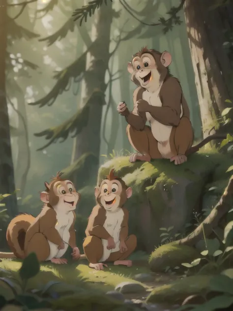 there are squirrels and monkeys in the forest，sad squirrel，three happy monkeys，monkey holding pine cone，masterpiece，best quality