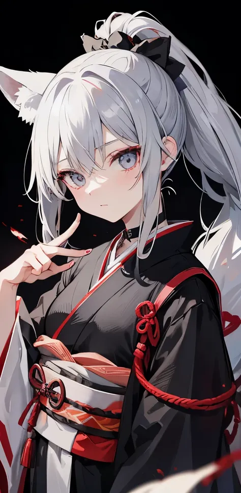 gray hair、ponytail、odd eye、Bloodで汚れた袴、fox ears、fox tail、Japan、scared、girl、Blood、dark background