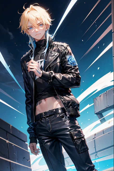 1boy, male, mid 20s, mature, blonde and blue hair, blue eyes, long hair, smirking, smug posture, black jacket, racing jacket, punk, blue roses, from the waist up, eyeliner, sharp eyes