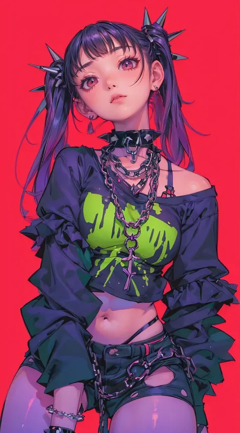 (best quality, masterpiece, ultra-detailed, 32k:1.2), simple lines, anime style, pastel goth punkgirl, perfect body, ((huge brea...