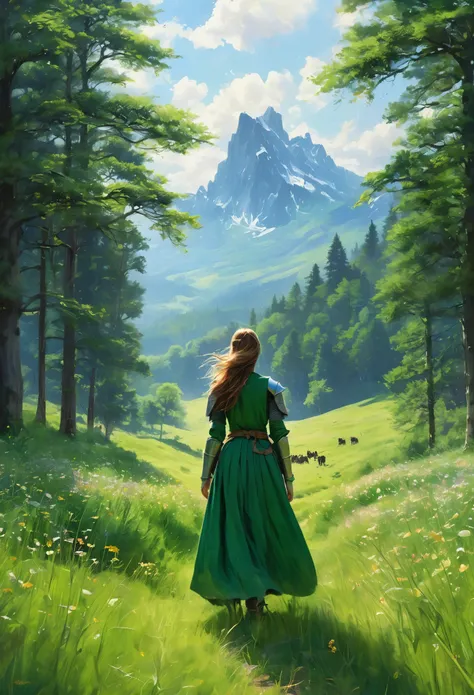 In a green meadow stands a girl leading a group of knights.
BREAK
With a brave expression, she guides them towards their destination.
BREAK
Behind her, a green forest stretches out and beyond that, mountains rise in the distance.
BREAK
The most suitable ef...