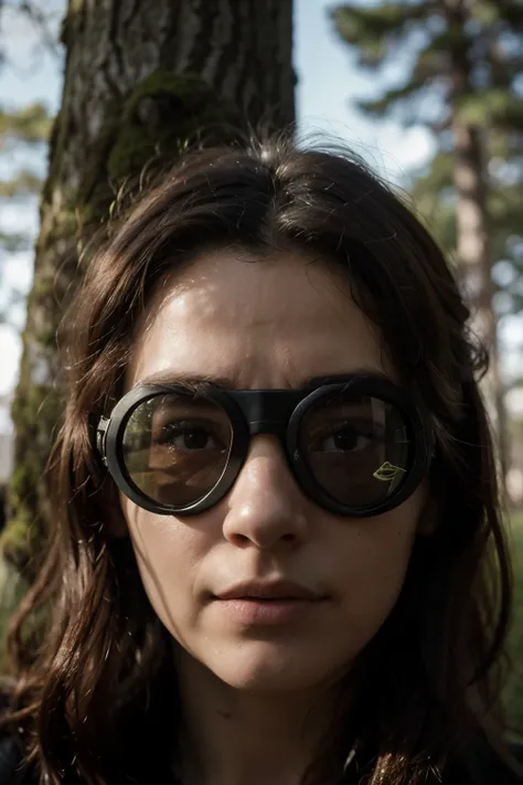 Best quality, masterpiece, super high resolution, a pilot Drone ,  surrounded by moss and trees, super exotic face,  wearing Goggles, (realism:1.5), original photo,  in the dark, deep shadows, low-key, cold light