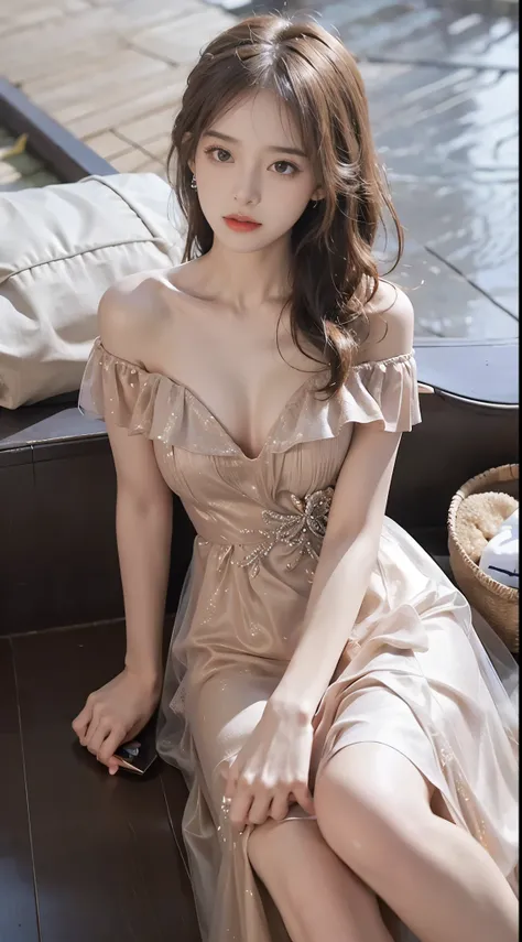 diamondv2,,, (masterpiece, best quality:1.2), 1girl, solo, ((bare shoulders)), (actual:1.37), ((lying on a beach)), ((Bird&#39;s eye view shot)), Sweet maiden, beautiful妆容, Exquisite makeup, Extremely beautiful eyes, long hair, curls, slim body, ((big brea...