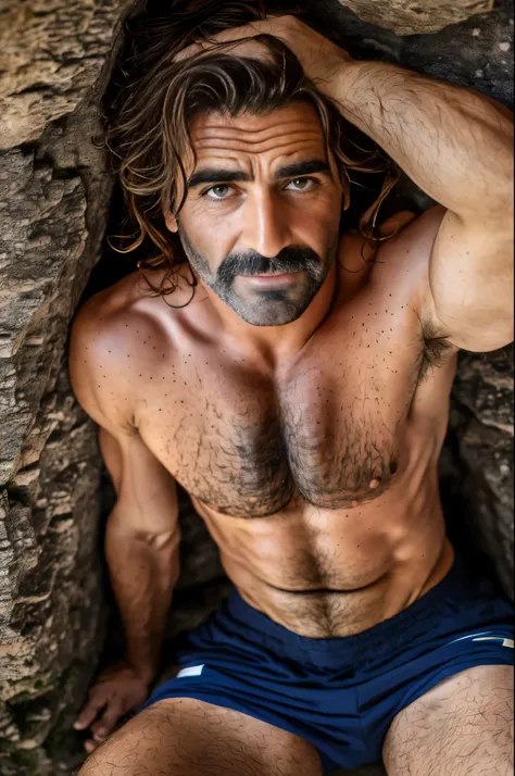 A world-class professional photographer uses a SONY α7 III camera, Very funny, (full detailed body) an Italian actor man sitting on a tuff wall in Matera, (YES SFW), paparazzi photo of 65yo mature Italian actor man shot on FE 16-35mm F4 FOR OS, long_hair, ...