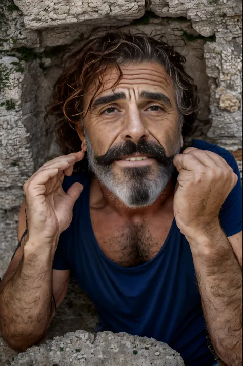 very funny, (full detailed body) an italian actor man sitting on a tuff wall in matera, (yes sfw), paparazzi photo of 65yo matur...