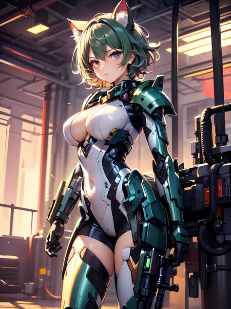 highest quality,wonderful,masterpiece,delicate,ultra high resolution,Super detailed,intricate details,beautiful,8K resolution,(Highly detailed CG Unity 8K wallpaper),sharp focus、anime、fiction、one woman、dark green hair girl 、Metallic colored hair、short hair...