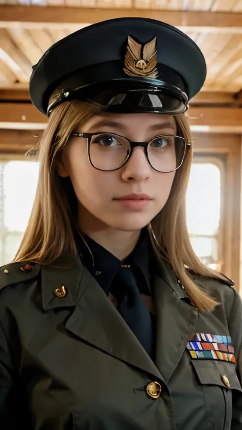 Blonde girl with glasses, in military uniform, nice woman