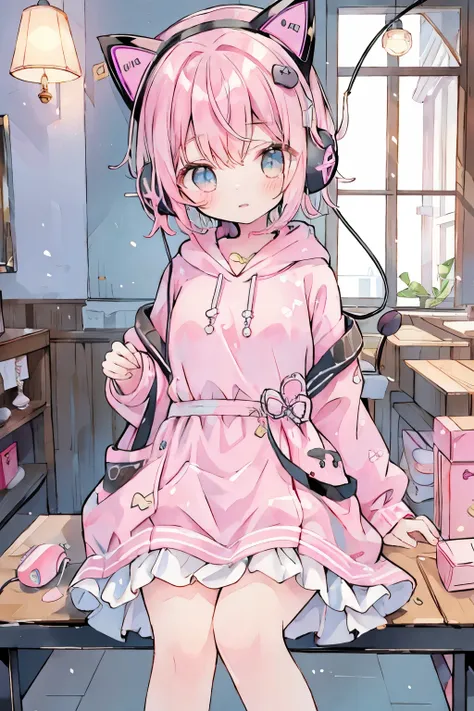 High resolution, (anime style:1.1), ((table top)), ((highest quality)), (Super detailed),Very beautiful and shining eyes、shining eyes、1 girl、small breasts、big mouth、small breasts、Cat ear、Transparent pink short hair、first round、skirt、7 year old girl、childis...