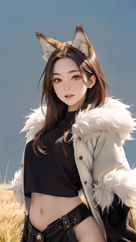 (((masterpiece))),((highest quality)),one beautiful girl,pale, (anthropomorphic wolf character: 1.5), (wolf ears:1.5)、(((sharp eyes 1.5)))、(wolf tail:1.5)、(belly button)、((Fur clothing:1.5)),(private server), (exposure of skin),(The background is grassland...