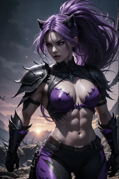 8K,Wrathful Werewolf of the Underworld,attack with sharp claws,purple eyes,Violent and strongly cracked abdominal muscles,sharp wolf fangs,gray and purple hair,black combat pants,masterpiece,Photorealistic RAW photos of the highest quality。bright colors,ri...