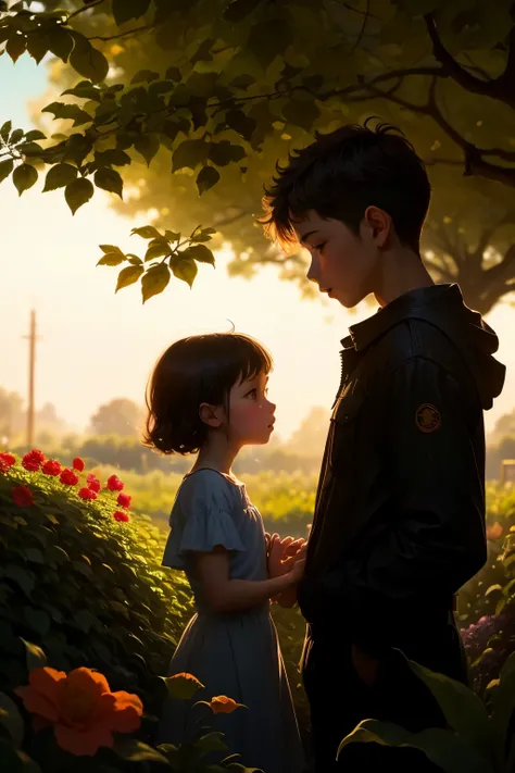 siluet of little boy and girl in the garden ((best quality)), ((masterpiece)), ((detailed)), ((hd)), ((8k resolution))
