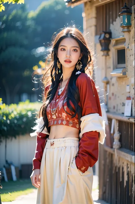 (masterpiece, best quality:1.2),1girl, black hair, breasts, brown eyes, jewelry,Chinese Tibetan clothing,Tibetan girl ,Tibetan Earrings, lips, long hair, looking at viewer, midriff, navel, necklace, solo, standing