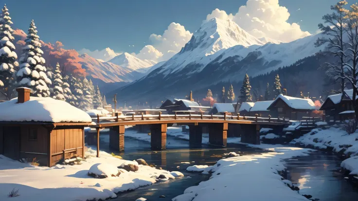 Lots of snow scene of a village with a river and a bridge, Akihiko Yoshida. unreal engine, winter concept art, Japanese traditional concept art, anime landscape concept art, Lots of snow. by makoto shinkai, japanese village, By Senior Environmental Artist,...