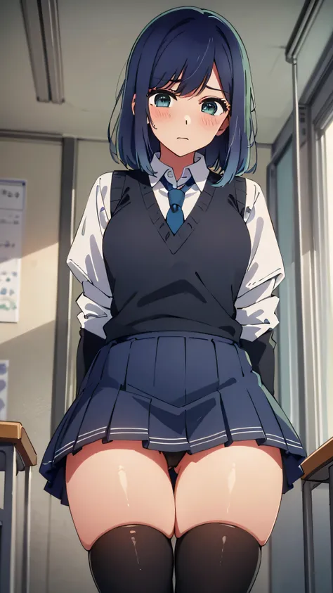 (((1 girl,Taken from slightly below,uniform,classroom,Akane Kurokawa,grab the hem of the skirt,looks embarrassed,blush,anime style))),((black sweater vest,blue tie,Condescending)),(black knee socks),I can&#39;t see my underwear,look at the camera