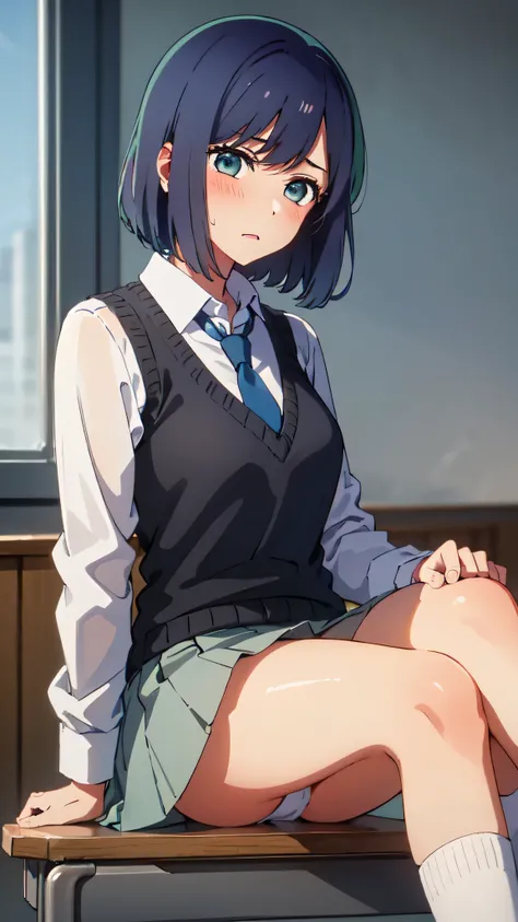 (((1 girl,Taken from slightly below,uniform,classroom,Akane Kurokawa,grab the hem of the skirt,looks embarrassed,close your mouth,blush,anime style))),((on the desk,cross your legs,black sweater vest,blue tie,Condescending)),(black knee socks),I can&#39;t ...