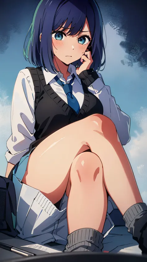 (((1 girl,Taken from slightly below,uniform,classroom,Akane Kurokawa,grab the hem of the skirt,looks embarrassed,close your mouth,blush,anime style))),((on the desk,cross your legs,black sweater vest,blue tie,Condescending)),(black knee socks),I can&#39;t ...