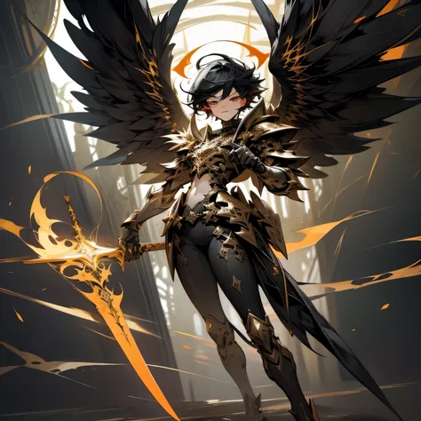 fallen angel,male people,ember,short black hair,large black wings on the back,cool expression,glaring,holding a large sword with...