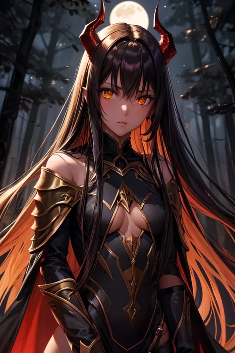 best quality, nsfw, extremely beautiful, beautiful face, long straight brown hair, yellow eyes, (Shiny dark red skin : 1.2), Demon horns, revealing dark armor, dark cape, in a dark forest at night, moon in background