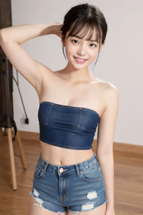 The beauty of 8K raw photos:2.0, short hair, 18 years old, great face and dark eyes, looking at the viewer, smile full of joy:1.6, show your teeth, wet hair, stand with hands on hips, dynamic pose, spread leg, tiny top, (orange tops, denim shorts:1.2), shi...