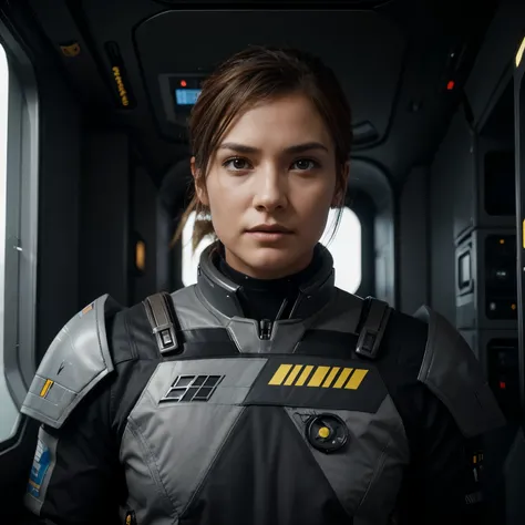 fking_scifi, award-winning photo of a man, black flight suit with yellow accents, brown hair, (gray eyes:1.35), square jawline, asymmetric face, standing in front of a window on a space ship, 80mm, bokeh, mass effect, close up, fking_cinema_v2