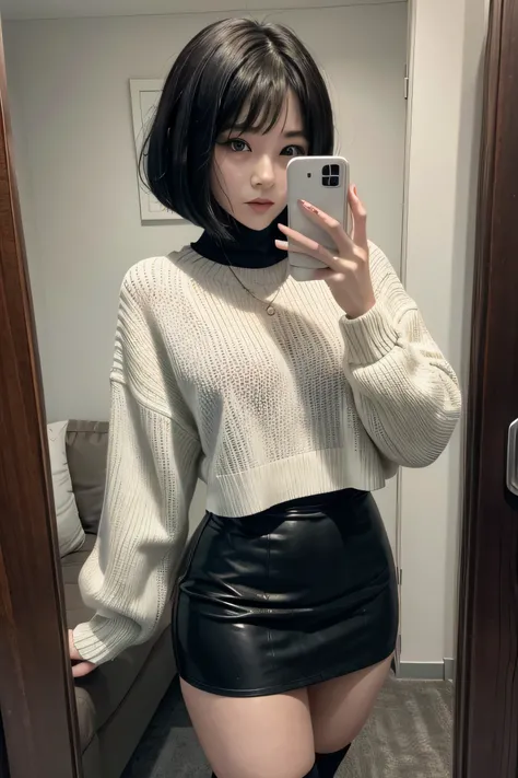 black hair, bob cut, wearing oversized sweater, black skirt, thigh high socks, selfie, fisheye, highres, HD