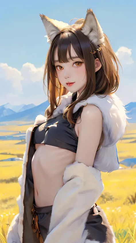 (((masterpiece))),((highest quality)),one beautiful girl,pale, (anthropomorphic wolf character: 1.5), (wolf ears:1.5)、(((sharp eyes 1.5)))、(wolf tail:1.5)、(belly button)、((Fur clothing:1.5)),(private server), (exposure of skin),(The background is grassland...