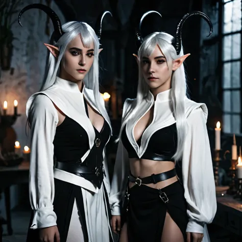 dark elf, 2girl ,black clothes,white clothes, black hair, white hair, horn, cinematic lighting