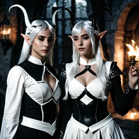 dark elf, 2girl ,black clothes,white clothes, black hair, white hair, horn, cinematic lighting