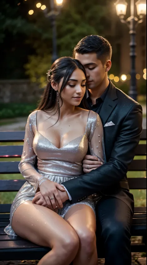 Intimate and high-quality photos of (Couple:1.2), Sit On (Bench:1.1), (Enchanting Light:1.1), sexy, passionate, exquisitely detailed, (sweat:1.1) with (glittering droplets:1.1), castle backgrounds, Sony Alpha 7R IV Camera, Digital Photo, f/2.8 lens, black-...