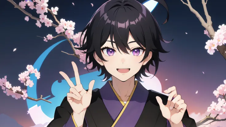 1st man, open your mouth, smile, Virtual YouTuber、((highest quality, expensive_solve, clear_image)),(black hair), (Ahoge), (short hair), (purple eyes),、laughter、((front))、((Men))、random pose、Dressed in kimono、